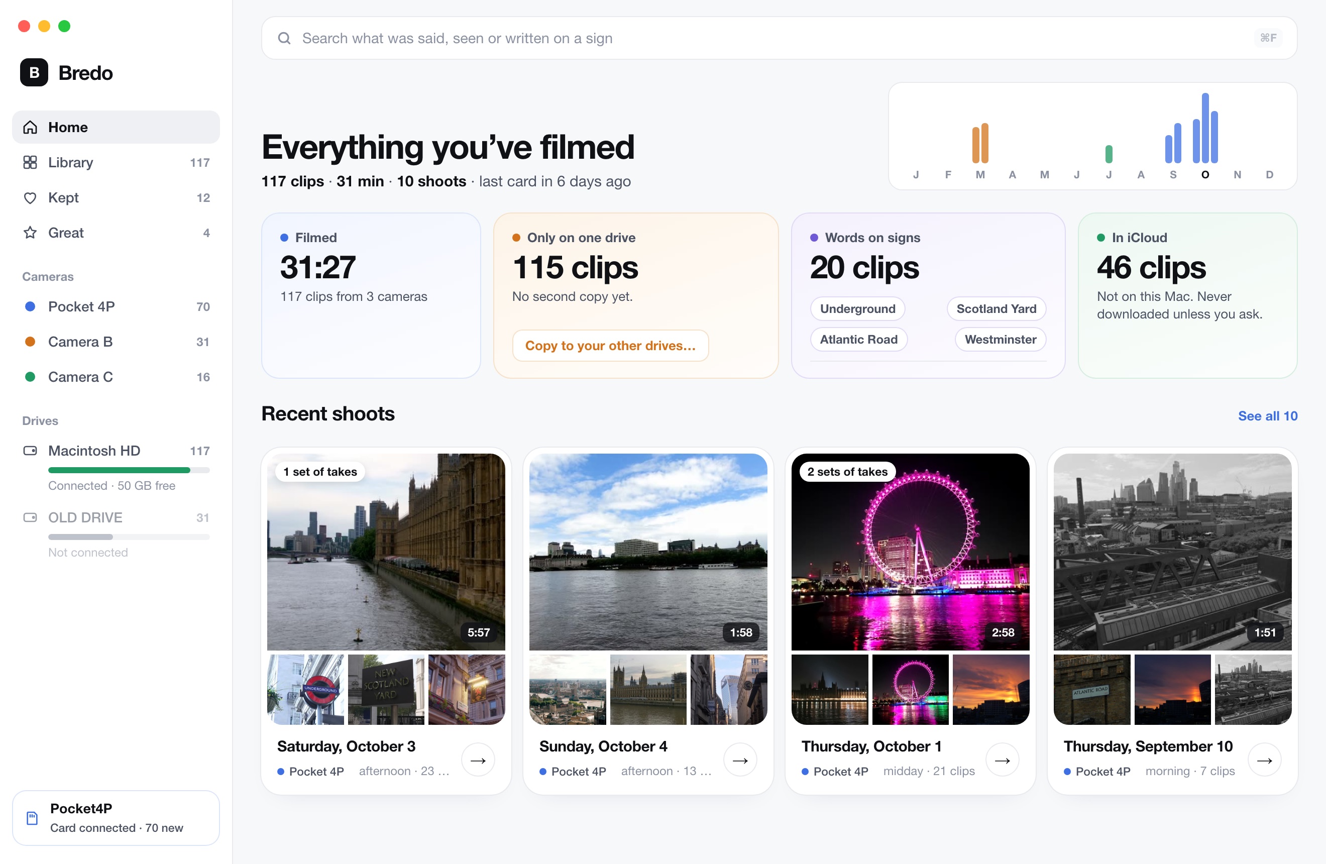 Bredo’s home screen: how much has been filmed, how many clips are on one drive only, the words read off signs, and the most recent days of filming